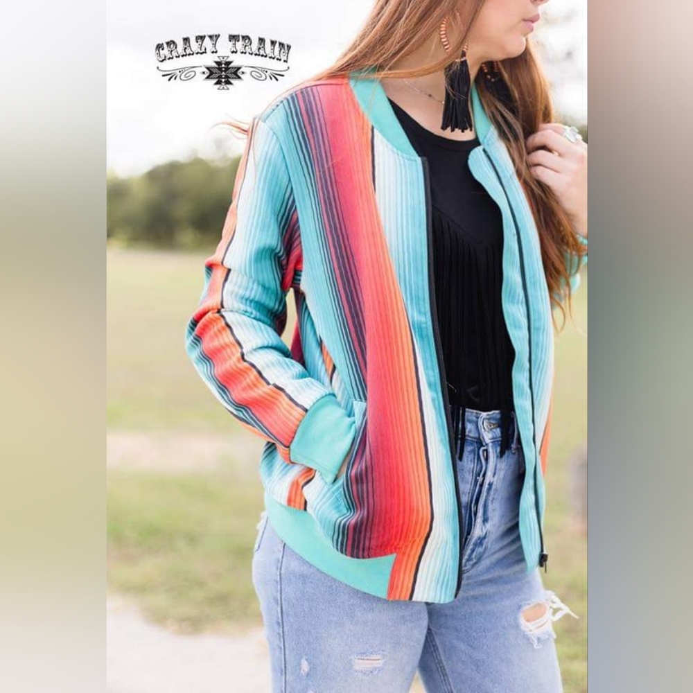 CRAZY TRAIN Orange Serape Western Bomber Jacket NWT Women's Size Medium